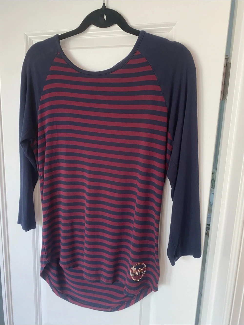 Michael Kors Navy and Burgundy Striped Long-Sleeve Tee
